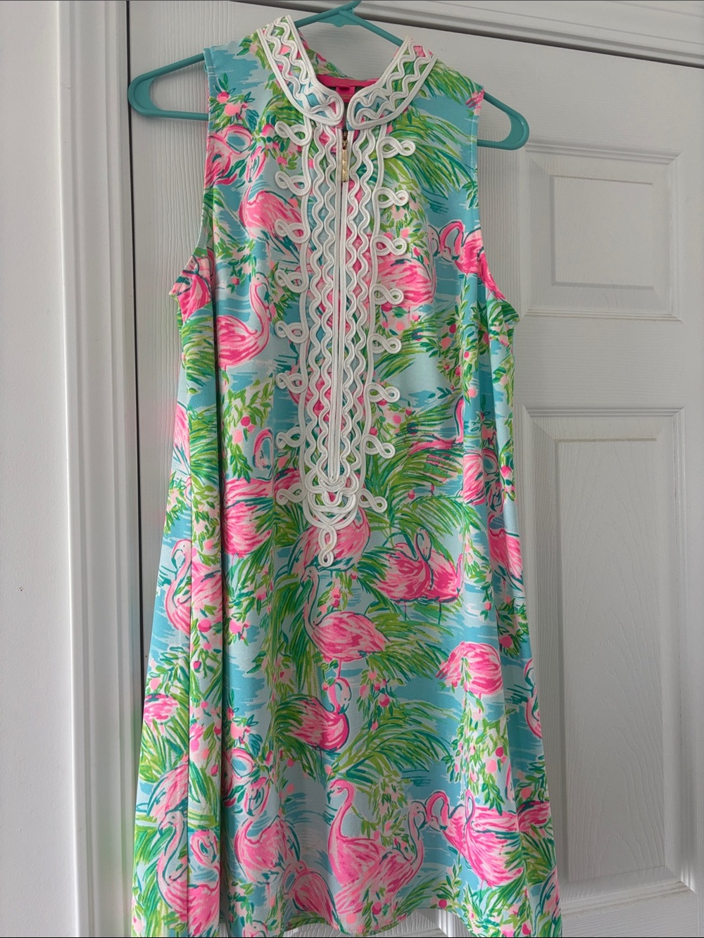 Lilly Pulitzer Pink Flamingo Print Sleeveless Shift Dress on Aqua